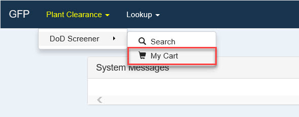 This image displays a dropdown in GFP for Plant Clearance - My Cart