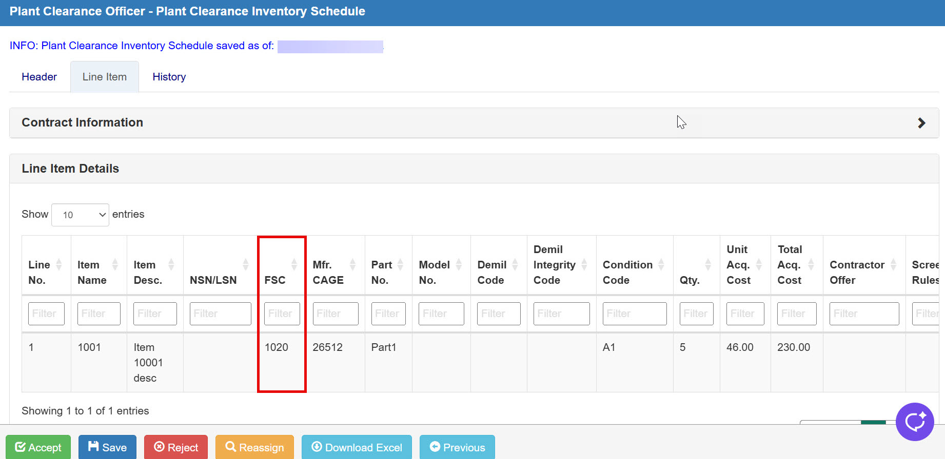 Inventory Schedule table showing the new FSC column populated with values after NSN/LSN