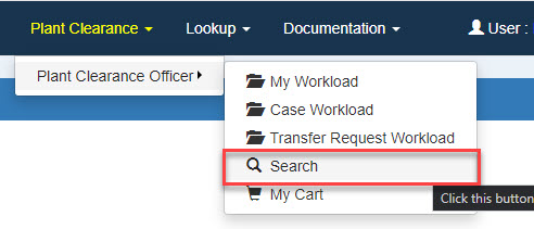 This image displays a dropdown in GFP for Plant Clearance - Search