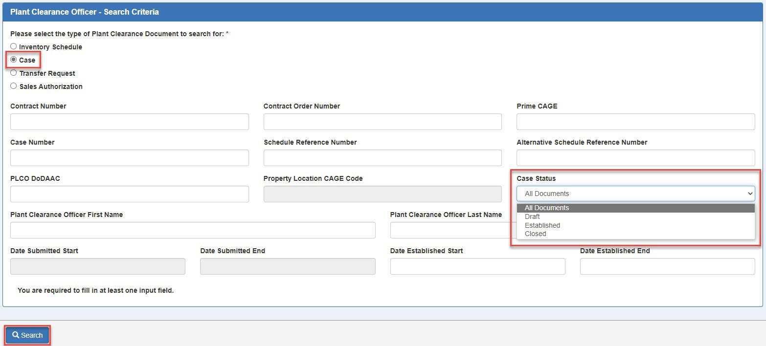 This image displays a search criteria screen Case