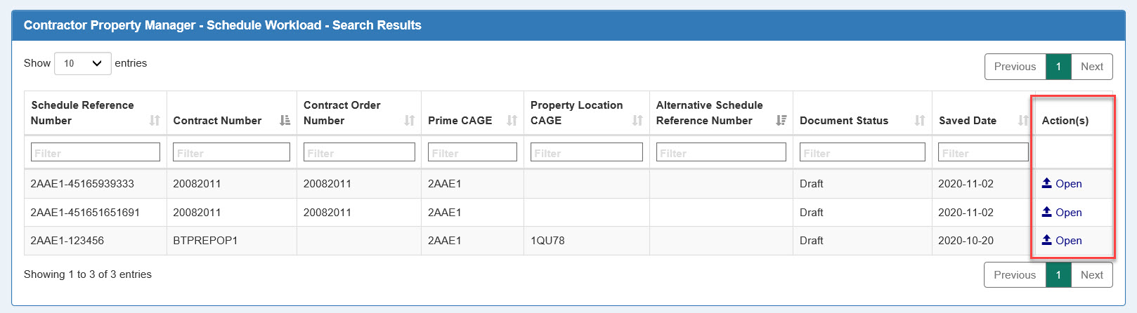 This image displays a Schedule Workload - Search Results screen for the CPM user.