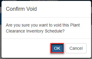 This image displays a Plant Clearance Document and the Void Confirmation that pops up after clicking the Void button.