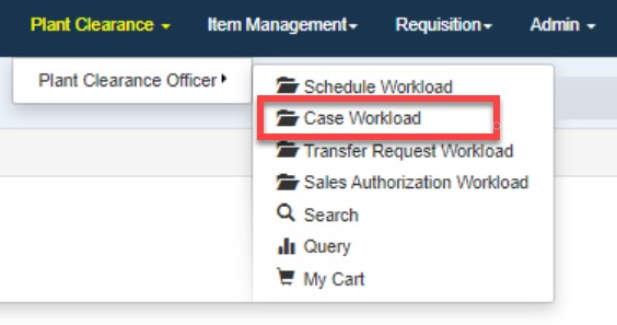 This image displays a dropdown in GFP for Plant Clearance - Case Workload 