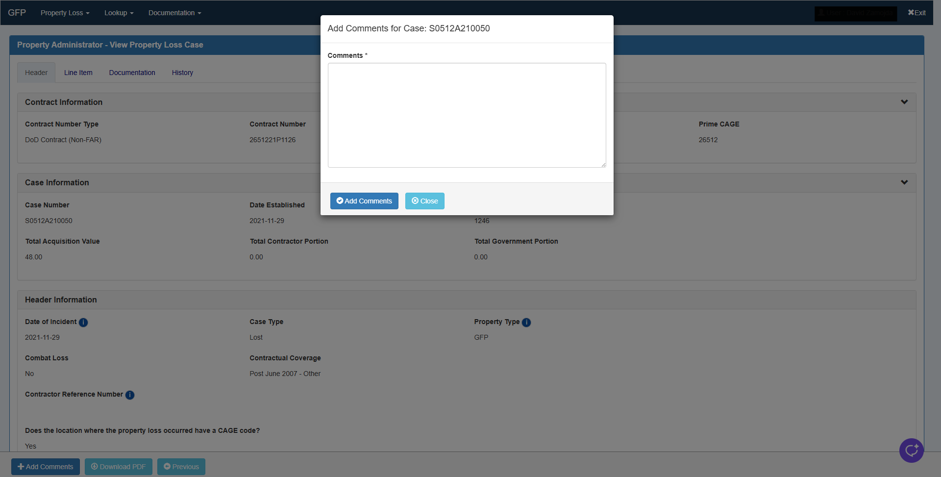 Add Comments modal open for a Rejected Property Loss case, showing input field and buttons.