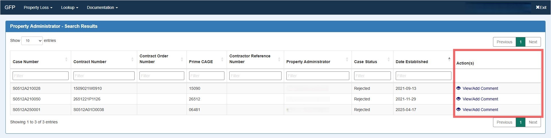 Search Results screen showing View/Add Comment action for Rejected cases.