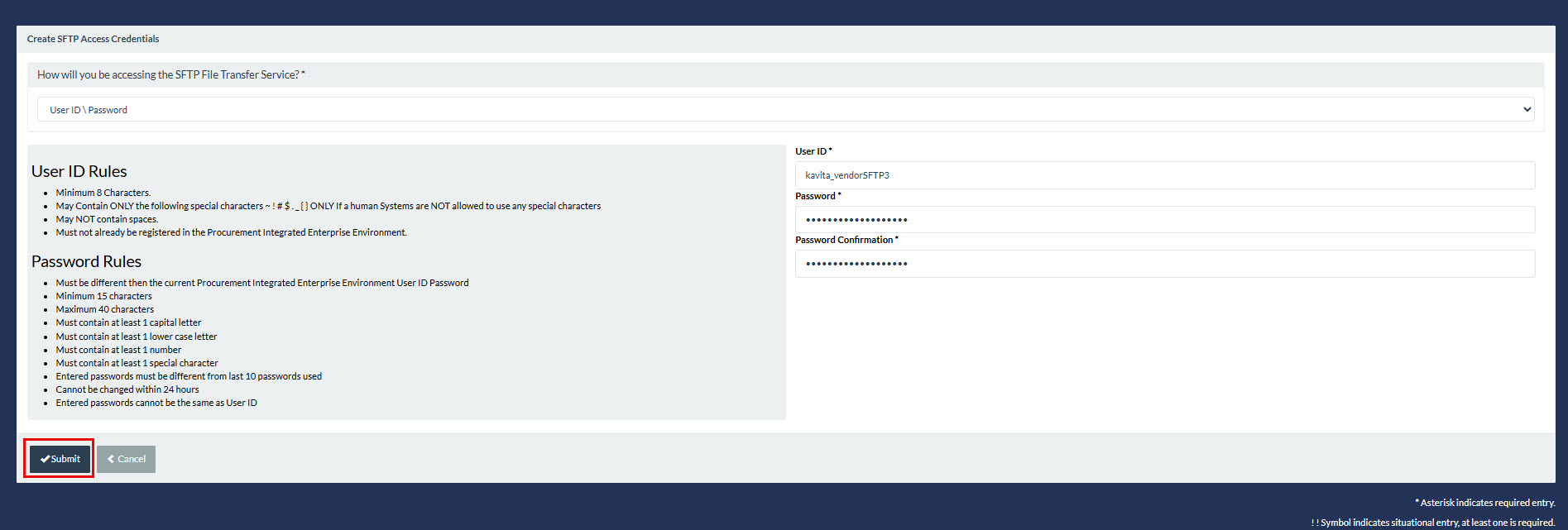 The image provides a preview of the Setup the create SFTP Credentials page.