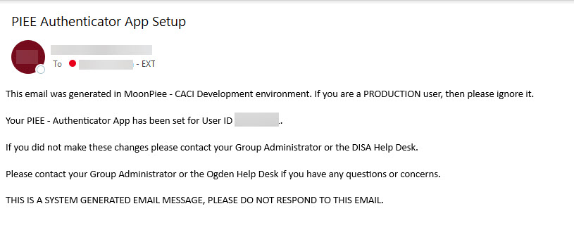 The image provides a preview of email notification after the PIEE Authenticator App Setup.