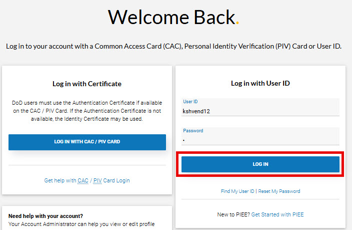 The image provides a preview of User Login into PIEE.
