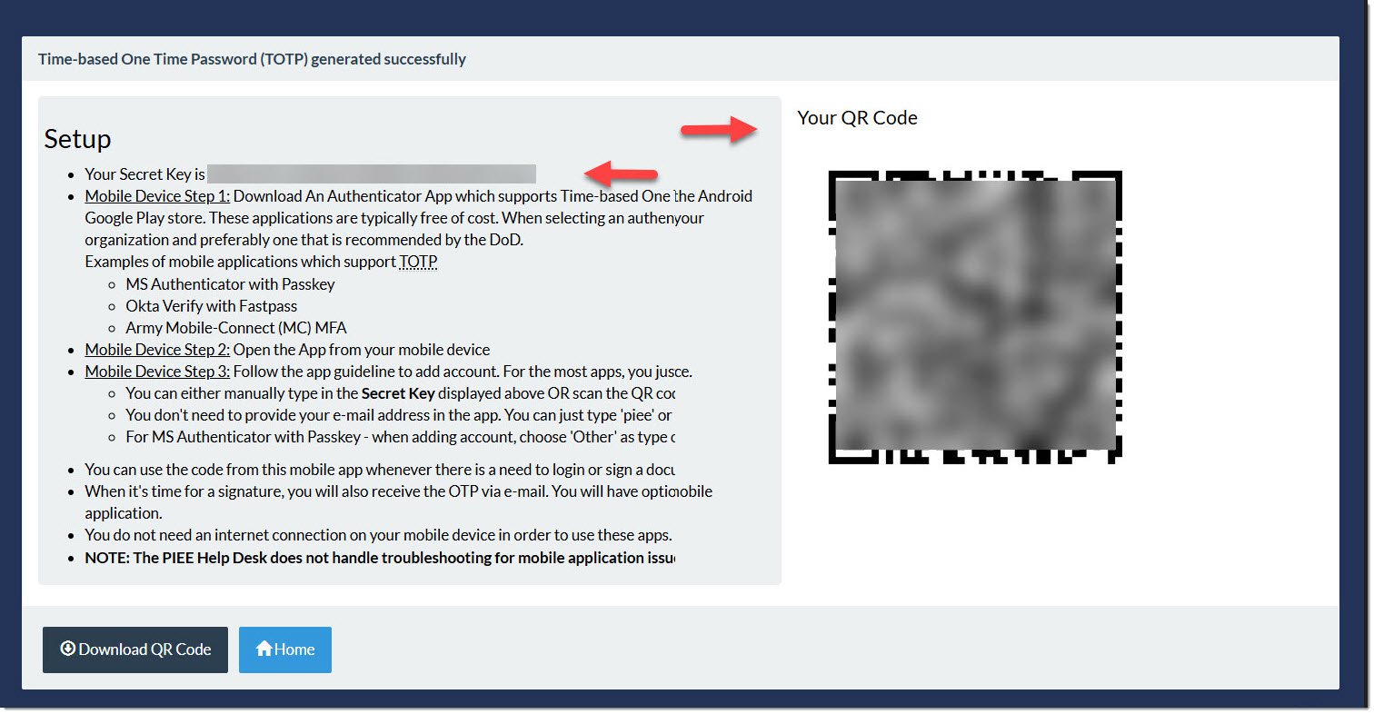 The image provides a preview of Secret key and QR Code.
