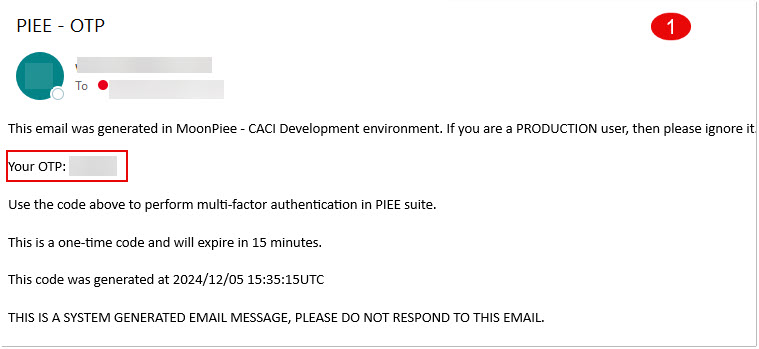 The image provides a preview of email notification for PIEE OTP.
