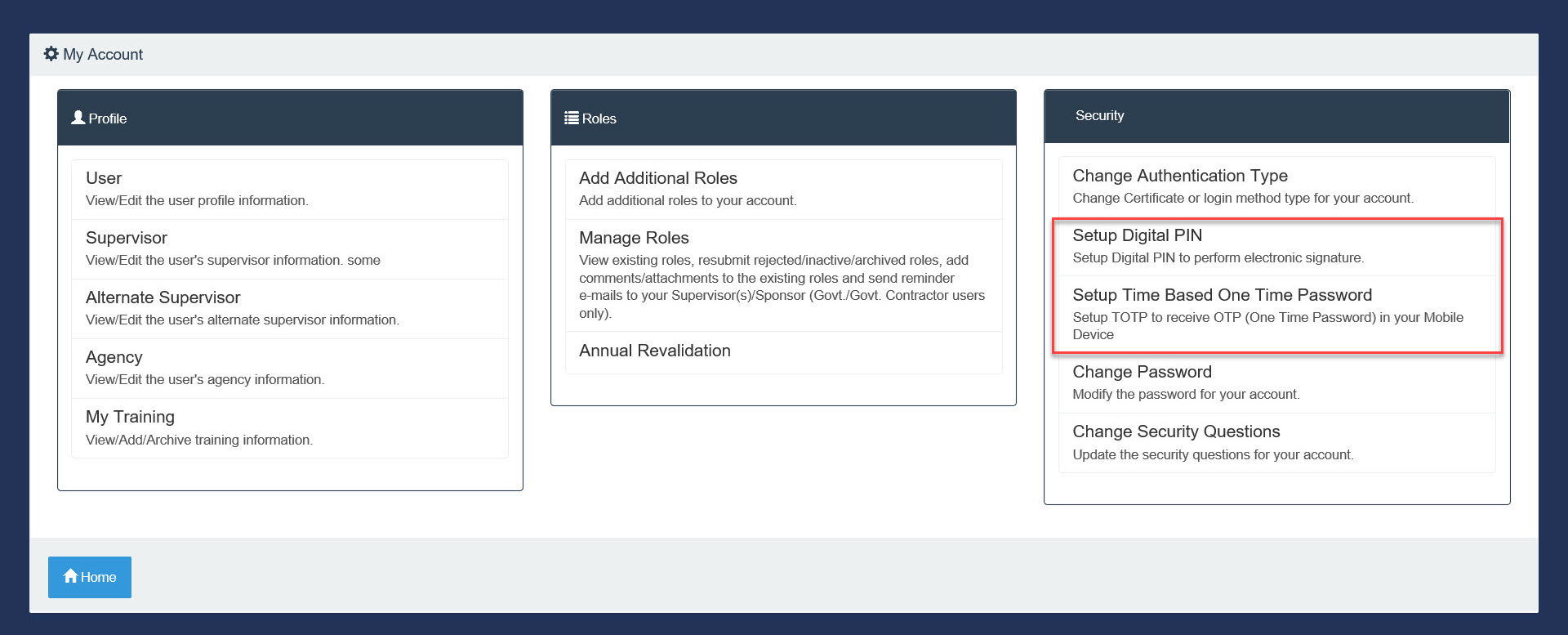 The image provides a preview of the Digital PIN and Time-Based One Time Password Setup Links on the My Account page.