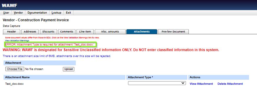 The image provides a preview of the WAWF Attachments tab for Vendors after attaching an attachment to a document with an error message.