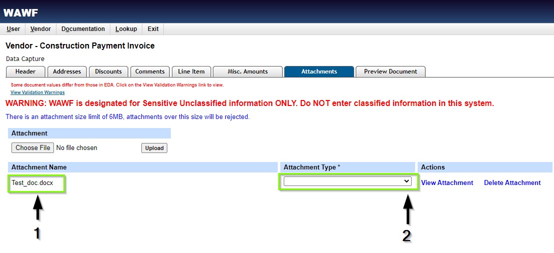 The image provides a preview of the WAWF Attachments tab for Vendors after attaching an attachment to a document.