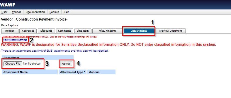 The image provides a preview of the WAWF Attachments tab for Vendors.